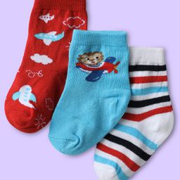 Cute Walk by Babyhug Knit Ankle Length Antibacterial Socks with Vehicle & Stripe Design Pack Of 3 - Red & Light Blue-image-98