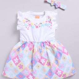 Snuggly MONKEY 100% Cotton Woven Sleeveless Checked & Floral Printed Dress With Headband - White & Pink-image-55