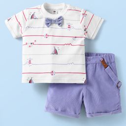 ToffyHouse Interlock Knit Half Sleeves T-Shirt & Shorts Set with Suspender Bow Applique & Nautical Theme Print - Mauve-image-21