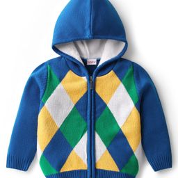 Babyhug Knit Full Sleeves Hooded Front Open Sweater With Checks Design - Blue-image-27