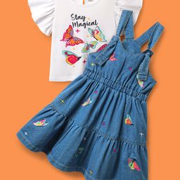 OLLINGTON ST. Cotton Knit Flutter Sleeves Inner Top & Butterfly Embroidery Denim Pinafore - White & Indigo-picture-16