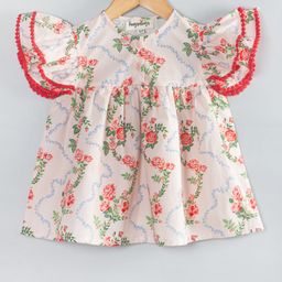 Hugsntugs Cotton Woven Frill Sleeves Floral Printed Top - Ecru & Coral-image-86