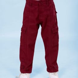 Kiddopanti Cotton Woven Front Cut & Sew Detailed Solid Cargo Pant With Bottom Tab - Maroon-image-30