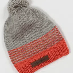 The Original Knit Placement Striped Pom Pom Detailed Cap - Diameter - 30 Cms - Grey & Orange-picture-33