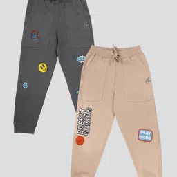 Kiddopanti Pack Of 2 Cotton Fleece Knit Smiley And Basket Ball Printed Track Pants - Beige & Dark Grey-picture-22