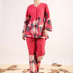 JISORA Printed Pure Cotton V-Neck Top With Trouser-image-87