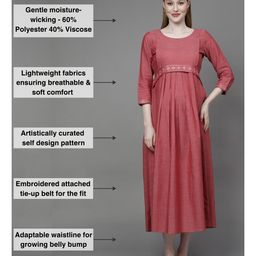 Dummy Shape Three Fourth Sleeves Maternity Flared Kurta With Nursing Access & Abstract Embroidered Attached Belt - Red image 3