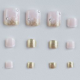 The Pink Truck Set Of 24 Daisy Print Reusable Artificial Toe Nails With Glue - Nude & Gold-24