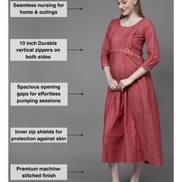 Dummy Shape Three Fourth Sleeves Maternity Flared Kurta With Nursing Access & Abstract Embroidered Attached Belt - Red image 4