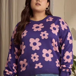 Berrylush Curve Women Floral Printed Round Neck Long Sleeves Plus Size Pullover-73