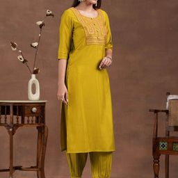Libas Floral Yoke Design Mirror Work Straight Kurta With Salwar & Dupatta image 3