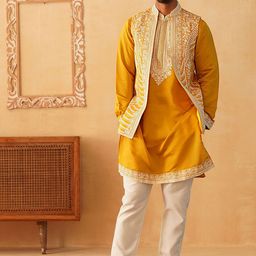 Jompers Floral Embroidered Chikankari Kurta with Pyjamas & Waistcoat-37
