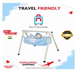 tiny tyke TinyTyke-Manual Baby Cradle Round Pipe - Semi Foldable | Square Hammock with Mattress | Blue image 5