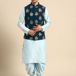 KISAH Men Navy Blue Ethnic Motifs Printed Kurta Jacket Set with Dhoti Pants-picture-19