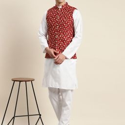 SOJANYA Men White Kurta with Churidar & Nehru Jacket image 2