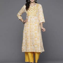 Indo Era Off-White & Yellow Embroidered Straight Kurta-image-55