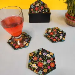Crayton Multicolor Wooden Floral Printed Hexagon Coasters with Holder - Set of 6-image-55