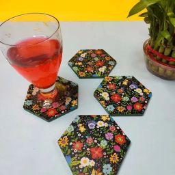 Crayton Multicolor Wooden Floral Printed Hexagon Coasters - Set of 4-1