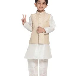 VASTRAMAY Kids Cream Self Pattern Kurta Set-image-20