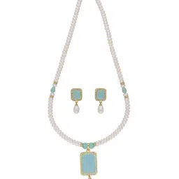 Sri Jagdamba Pearls Falguni Blue & Pearl White Alloy Necklace & Earring Set-38