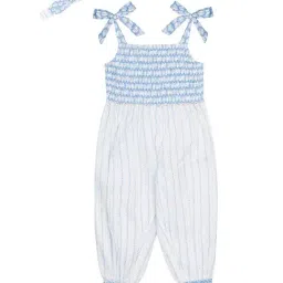 Budding Bees Kids Blue & White Cotton Printed Jumpsuits with Hairband-image-51