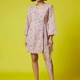 Okhai Swirl Beige & Pink Pure Cotton Printed A-Line Wrap Dress-image-11