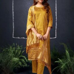 Skylee Yellow Woven Pattern Kurta Pant Set With Dupatta-image-15