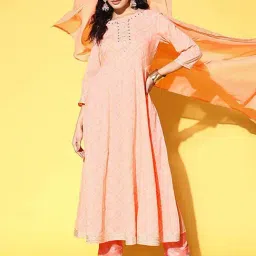 Ishin Peach Cotton Printed A Line Kurta With Dupatta-picture-10