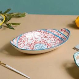 Nestasia Red and Blue Mandala Ceramic Long Dish With Handles For Serving Snacks (10.8 Inch)-image-14