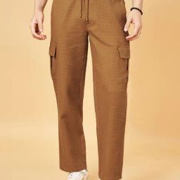 People By Pantaloons Leather Brown Cotton Loose Fit Texture Trackpants-image-70