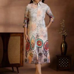 Libas Off White Linen Printed A-Line Dress-77