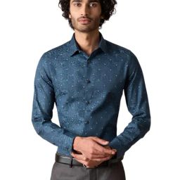 Turtle Indigo Blue Polycotton Slim Fit Jacquard Shirt-image-25