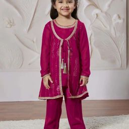 VASTRAMAY Girls Magenta Jacket Kurta Set-picture-27