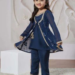VASTRAMAY Girls Turquoise Jacket Kurta Set-image-73