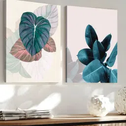 Art Street Teal Blue Canvas Floral Theme Stretched Paintings White Wall Art - Set of 2-picture-34