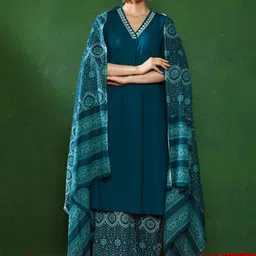 Jaipur Kurti Floral Yoke Design Thread Work Straight Kurta With Palazzos & Dupatta-38