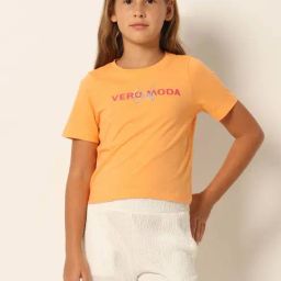 VERO MODA GIRL Yellow Cotton Printed T-Shirt-image-12