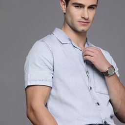 WROGN Men Blue Slim Fit Faded Casual Chambray Shirt-image-66