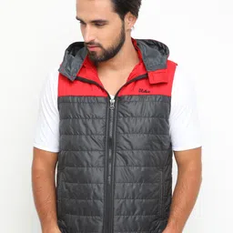 Plutus Men Charcoal Grey & Red Colourblocked Lightweight Hooded Padded Jacket image 1