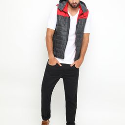 Plutus Men Charcoal Grey & Red Colourblocked Lightweight Hooded Padded Jacket image 5