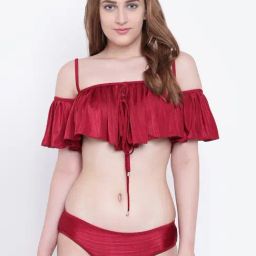La Intimo Maroon Solid Ruffle Buffle Bikini Bra & Panty-picture-11