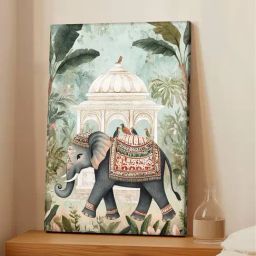 Art Street Light Green Canvas Classic Indian of Elephant in Mughal Garden Stretched Painting-picture-20