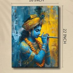 Art Street Light Blue Canvas Abstact Shree Krishna Playing Flute Divine Stretched Wall Art-picture-12