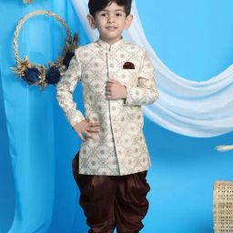 VASTRAMAY Boys Beige & Brown Self Full Sleeves Indowestern Sets-image-40