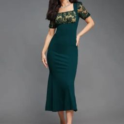 Miss Chase Green Polyester Self Midi Dress-image-7