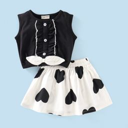 CrayonFlakes Sleeveless Solid Frill Detailed Bow Embellished Top With Hearts Printed Skirt - Black & White-image-41