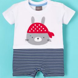 Little Kangaroos 100% Cotton Half Sleeves Striped Romper With Kitty Embroidery- White-picture-15