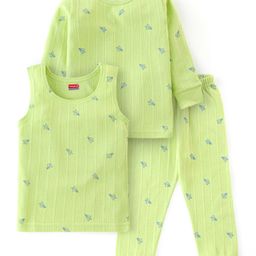 Babyhug Cotton Full Sleeves Vest Pullover & Bottom Thermal Wear Combo Pack Of 3 Paper Plane Print - Sunny Lime-image-40