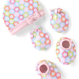Babyhug 100% Cotton Knit Cap Mittens & Booties Set Floral Print - Pink-picture-26