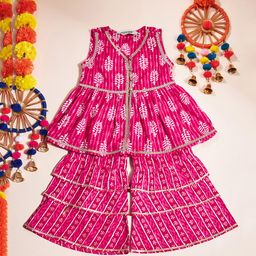 Stylo Bug Sleeveless Striped Pattern Leaf Motif Printed With Lace Embellished Coordinating Kurta & Sharara Set - Pink-image-69